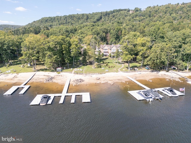 aerial view featuring a water view