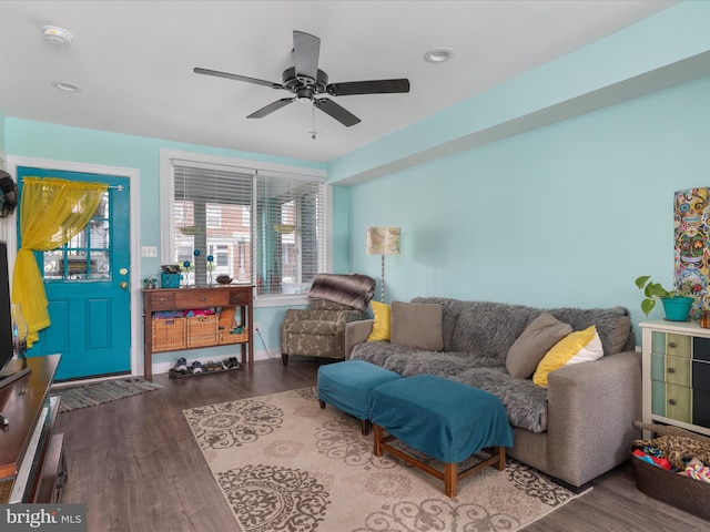 living room with ceiling fan and wood-type flooring