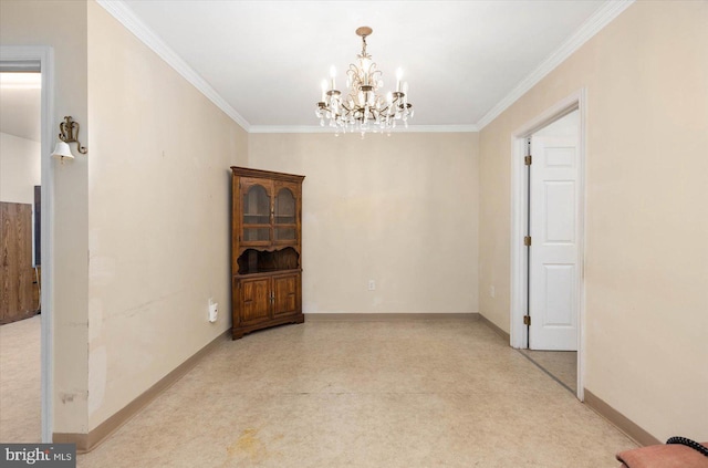 carpeted empty room featuring crown molding and an inviting chandelier