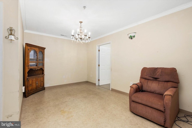 sitting room with crown molding and a chandelier