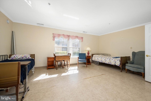 carpeted bedroom with crown molding