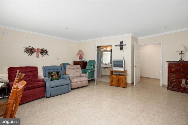 living room with sink and ornamental molding