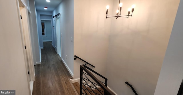 hall with a barn door, dark hardwood / wood-style flooring, and a notable chandelier