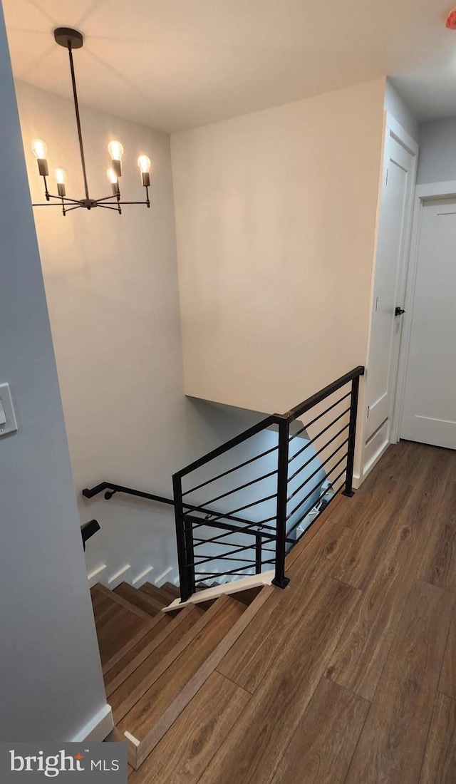 stairway featuring a chandelier and hardwood / wood-style floors