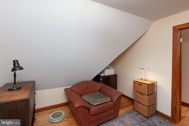 living area featuring hardwood / wood-style floors and lofted ceiling