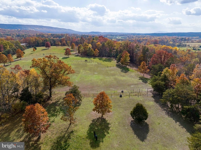 bird's eye view featuring a mountain view and a rural view