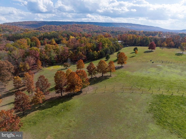 aerial view featuring a mountain view and a rural view