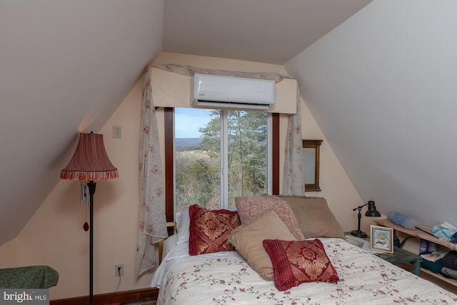 bedroom with a wall unit AC and lofted ceiling