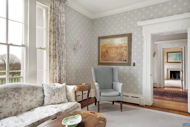 sitting room featuring hardwood / wood-style flooring, ornamental molding, and baseboard heating