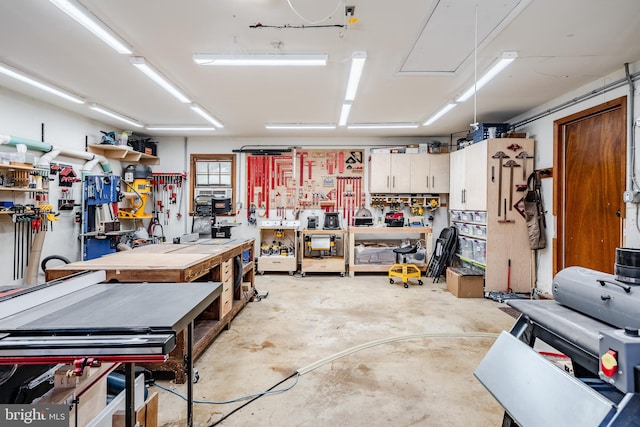 garage featuring a workshop area