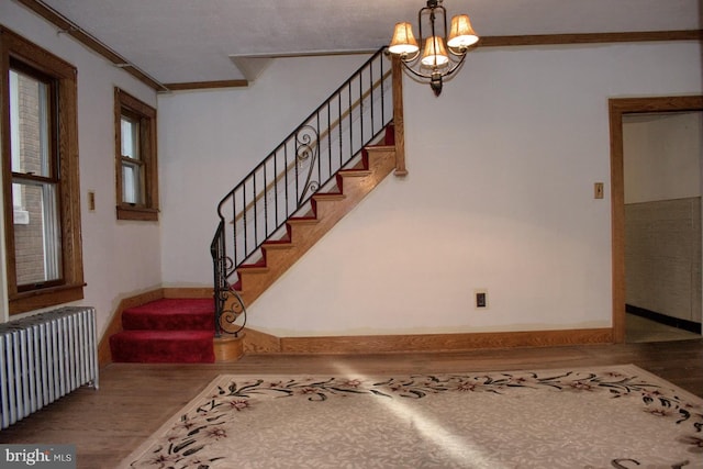 stairway featuring a notable chandelier, hardwood / wood-style floors, radiator heating unit, and ornamental molding