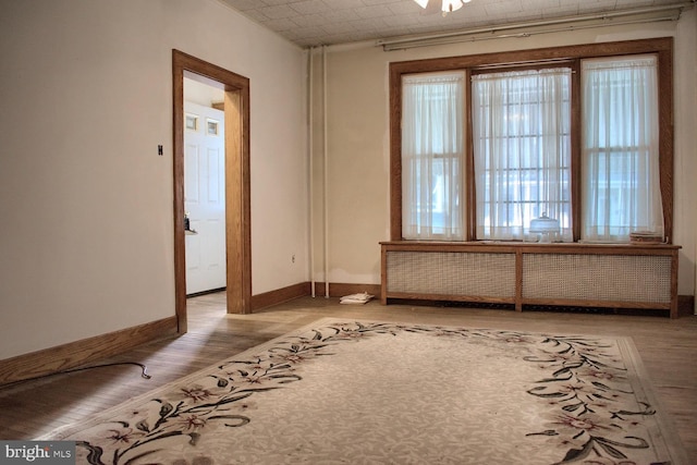 unfurnished room with radiator heating unit and light hardwood / wood-style flooring