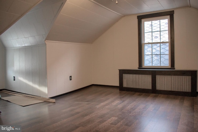 bonus room featuring dark hardwood / wood-style flooring, radiator, and lofted ceiling