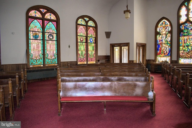 bedroom featuring a high ceiling, dark colored carpet, and radiator heating unit