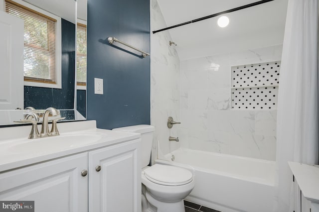 full bathroom with vanity, toilet, and shower / bath combination with curtain