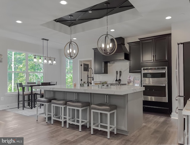 kitchen featuring pendant lighting, a kitchen island with sink, stainless steel appliances, a tray ceiling, and custom exhaust hood