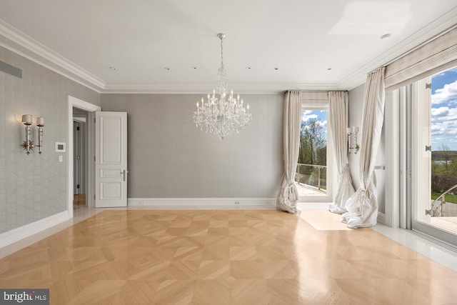 unfurnished room featuring crown molding, light parquet flooring, and a notable chandelier