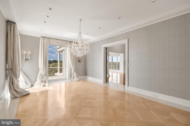 unfurnished dining area featuring light parquet floors, ornamental molding, and plenty of natural light