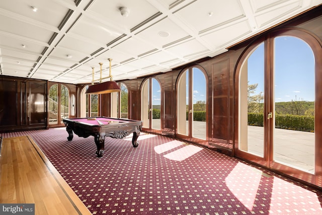 game room featuring billiards, a healthy amount of sunlight, coffered ceiling, and carpet