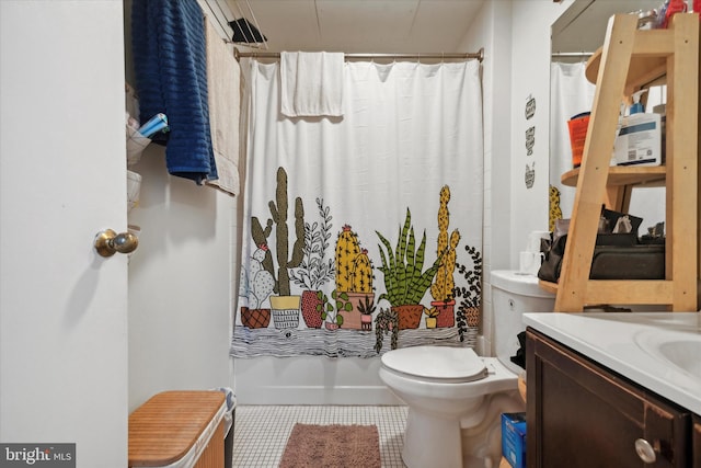 full bathroom with tile flooring, shower / bath combination with curtain, toilet, and vanity