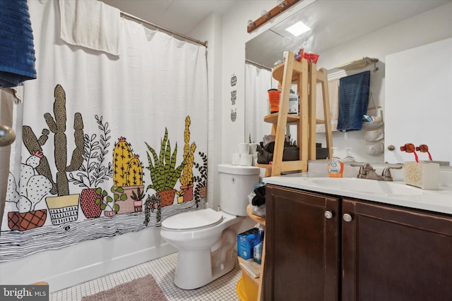 full bathroom with shower / tub combo, tile flooring, toilet, and vanity