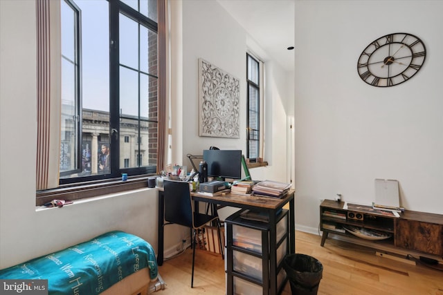 bedroom featuring light hardwood / wood-style flooring and multiple windows