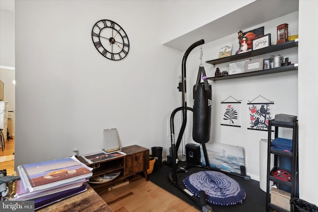 workout area with light hardwood / wood-style flooring