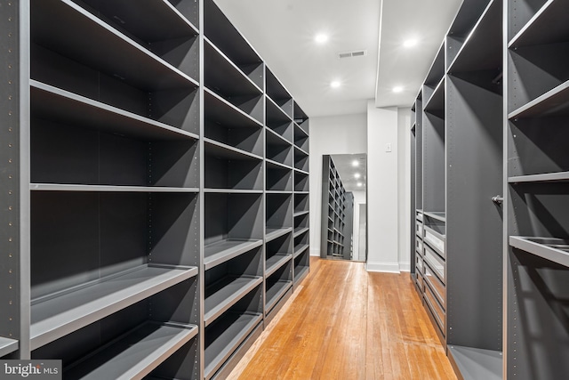 walk in closet with wood-type flooring