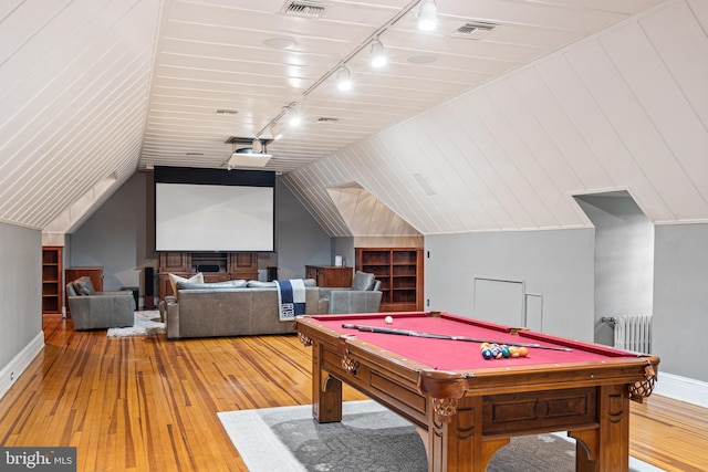 game room with track lighting, pool table, wooden ceiling, hardwood / wood-style floors, and vaulted ceiling