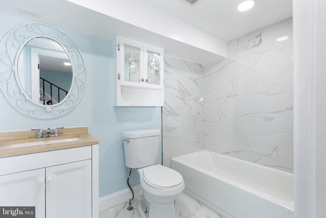 full bathroom featuring tiled shower / bath combo, vanity, tile flooring, and toilet