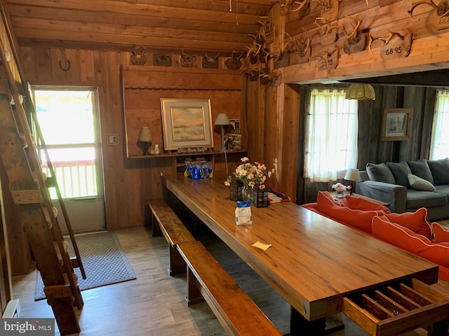 dining area featuring wooden walls, plenty of natural light, wood-type flooring, and wood ceiling