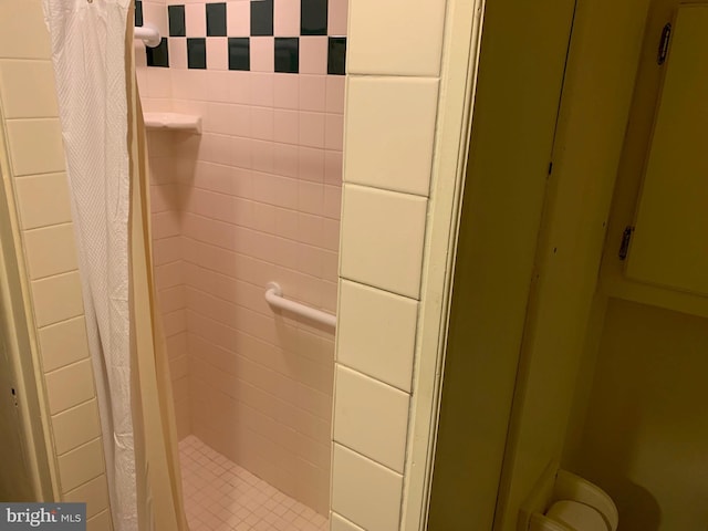 bathroom with a shower with shower curtain