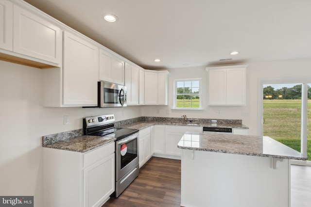 kitchen featuring light stone counters, stainless steel appliances, dark hardwood / wood-style flooring, and white cabinets