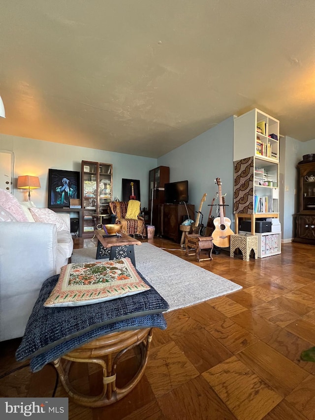 living room with parquet floors