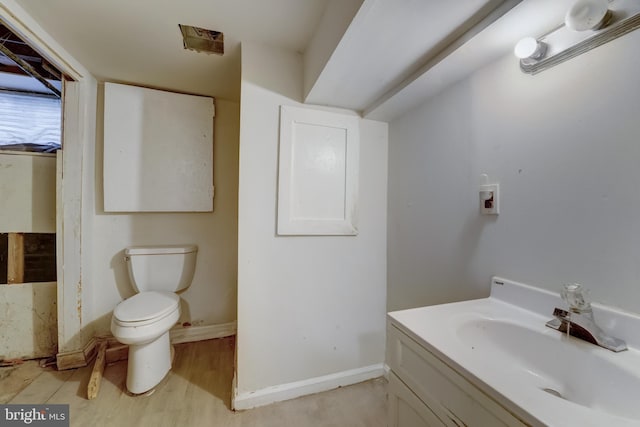 bathroom featuring toilet, large vanity, and hardwood / wood-style flooring