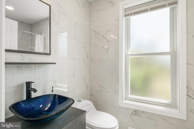 bathroom featuring toilet, sink, plenty of natural light, and walk in shower