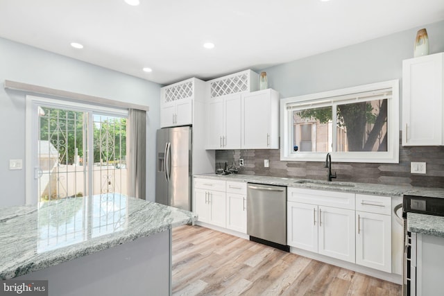 kitchen featuring backsplash, light stone counters, stainless steel appliances, sink, and white cabinets