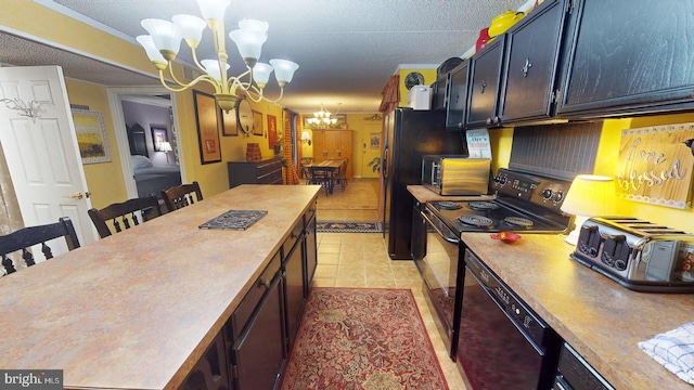 kitchen with a chandelier, light tile floors, black appliances, pendant lighting, and a kitchen breakfast bar