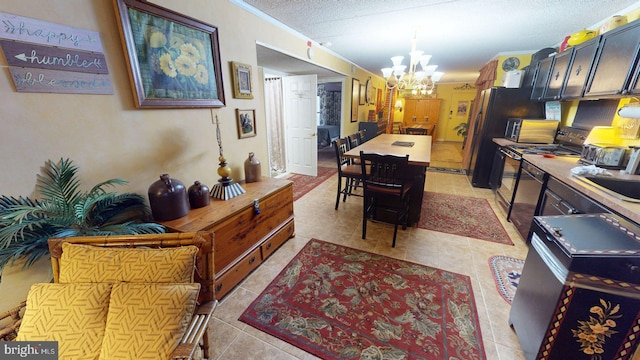 interior space with ornamental molding, a textured ceiling, and a chandelier