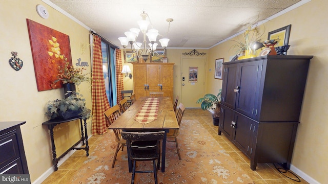 tiled dining space with ornamental molding and a chandelier