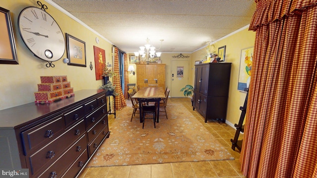 tiled dining space featuring a notable chandelier and crown molding