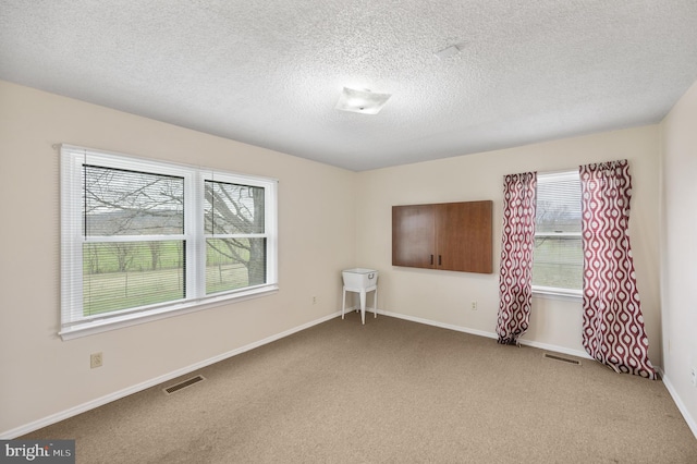 spare room with light carpet and a textured ceiling