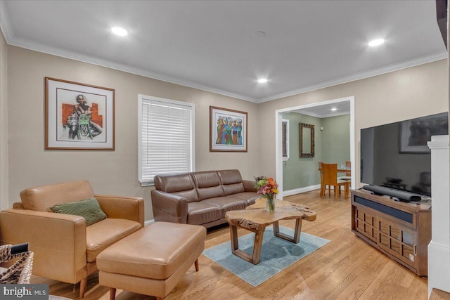 living room with light hardwood / wood-style flooring and crown molding