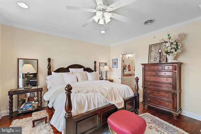 bedroom featuring ensuite bathroom, crown molding, ceiling fan, and dark hardwood / wood-style flooring