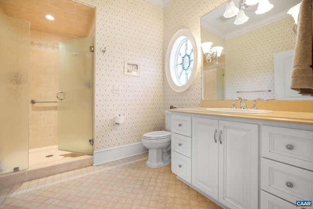 bathroom with vanity, a tile shower, tile floors, toilet, and ornamental molding