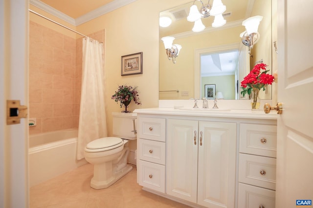 full bathroom featuring toilet, vanity, shower / tub combo with curtain, and a notable chandelier