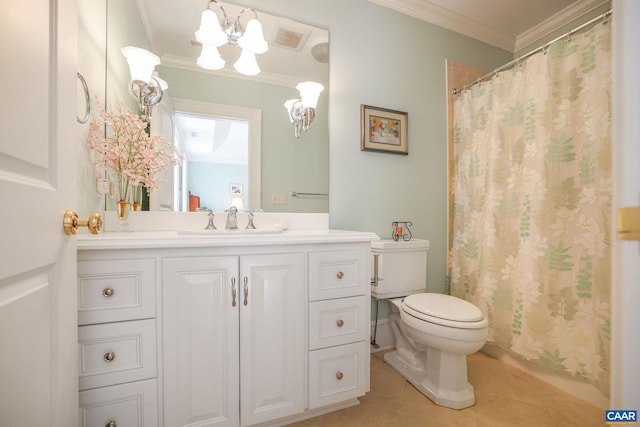 bathroom with oversized vanity, tile flooring, toilet, a notable chandelier, and ornamental molding