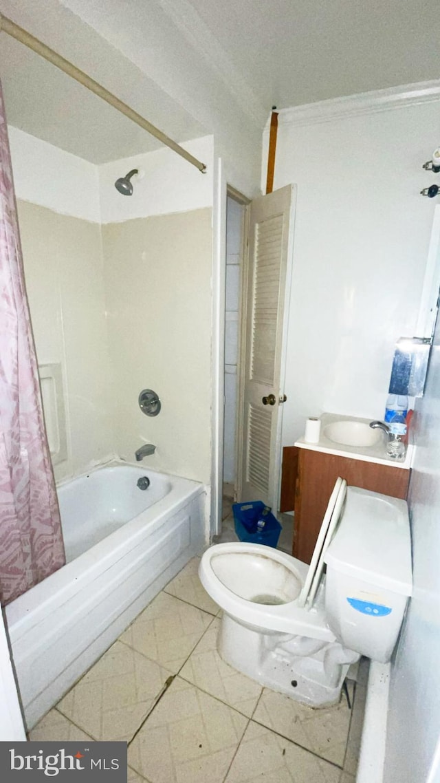 full bathroom with vanity, shower / bathtub combination with curtain, toilet, and tile flooring