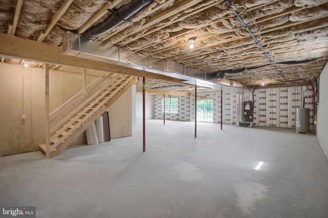 basement with heating unit and water heater