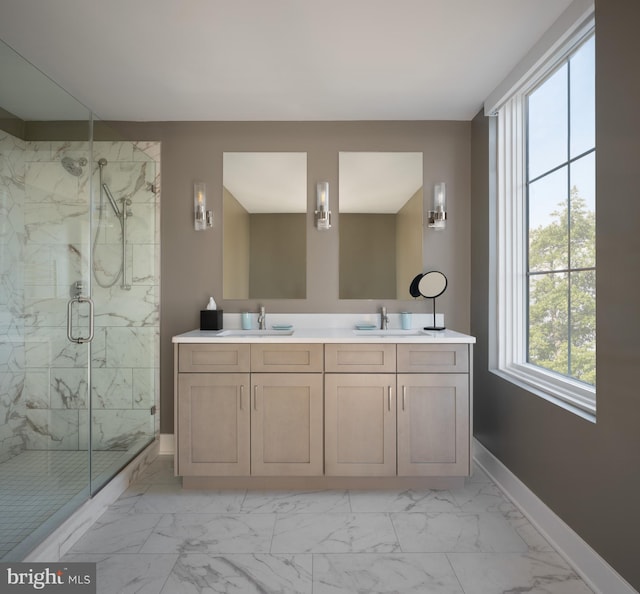 bathroom with dual bowl vanity, tile flooring, and a shower with door